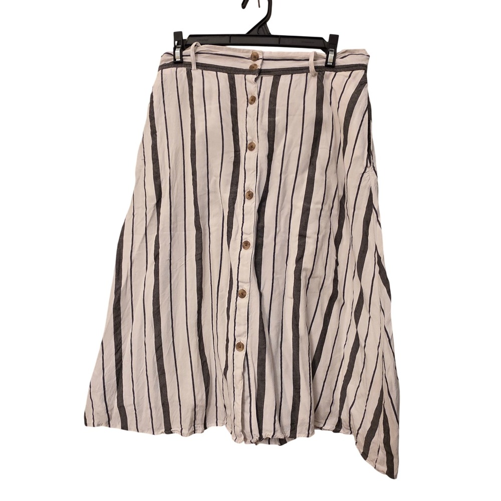LOFT White Grey Striped Button Front Midi Skirt Size 6 Pocket A-Line